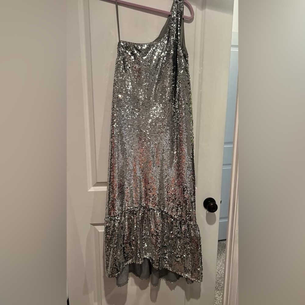Maeve One-Shoulder Silver Sequin Dress from Anthropologie